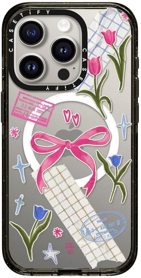 CASETiFY Impact iPhone 15 Pro Case [Slim/Compatible with Magsafe / 8.2 ft. 4X Military Grade Drop Protection] - Ribbons and Tulips - Clear Black