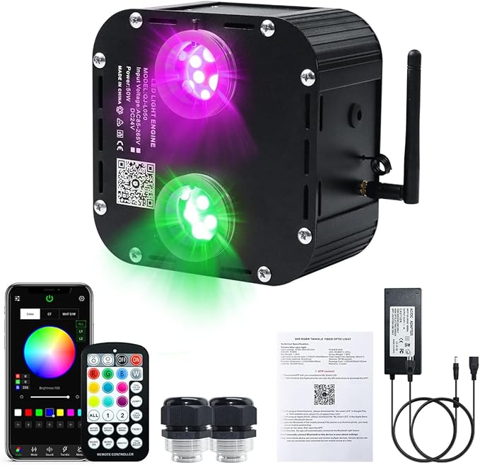 AKEPO 50W Dual-Head Dual-Color Twinkle Fiber Optic Light Engine, Twinkle+Same or Different Color+Bluetooth APP Control+Music Activated+28-Key Remote for Home Fiber Optic Star Ceiling Kit