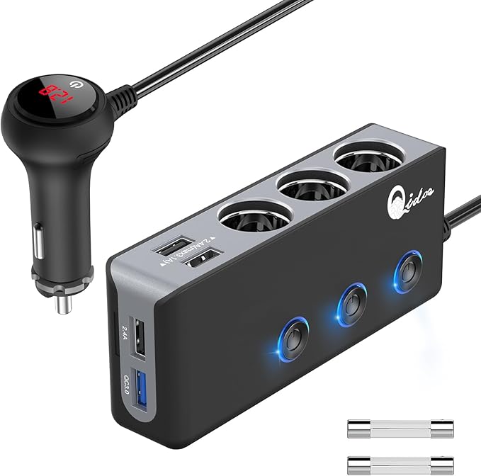 Quick Charge 3.0 Cigarette Lighter Splitter, Qidoe 3 Socket 180W Cigarette Lighter Adapter with 4 USB Fast Charging, DC 12V/24V Cigarette Outlet LED Voltmeter Independent Button for All Car Devices