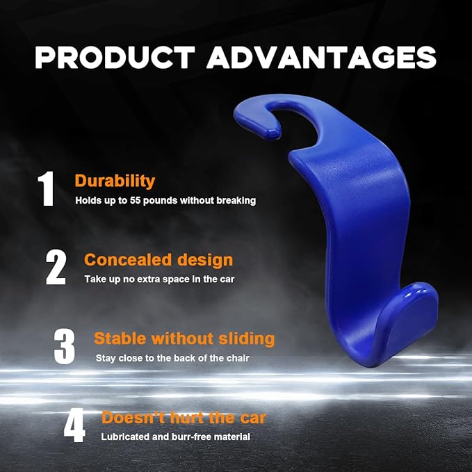 4PCS Car Seat Headrest Hook, Auto Back Seat Hanging Storage Organizer, Vehicle Seatback Hanger Holder for Purse Handbag Coat Umbrella, Universal Interior Car Accessories (Dark Blue)