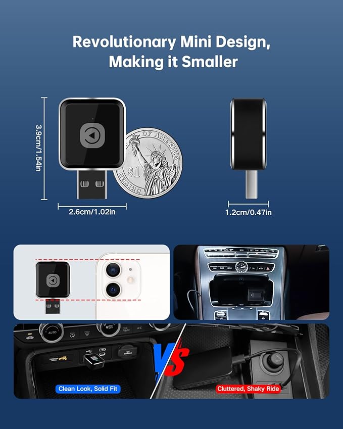 Wireless CarPlay Adapter for iPhone, Converts Factory Wired CarPlay to Wireless, Plug & Play Auto Reconnect, USB-A Dongle + USB-C Adapter, for Cars with OEM Wired CarPlay (iOS 10+, Car Model 2016+)