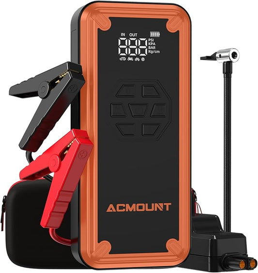 Jump Starter with Air Compressor, Acmount 5000A Car Battery Jump Starter with 150PSI Tire Inflator for Up to 9.0 Gas/8.0L Diesel, 12V Portable Jump Starter Box with LCD Display, Light (Orange&Black)