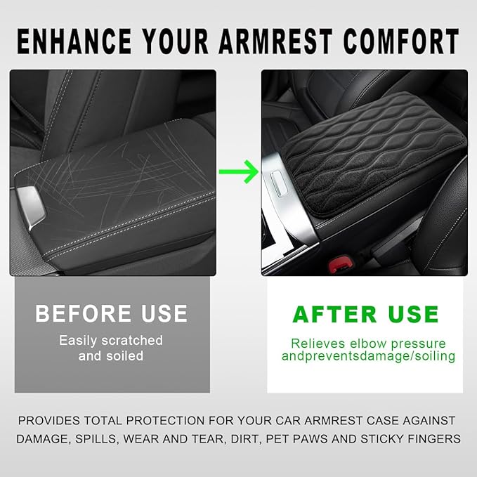 Car Center Console Cushion Pad, 12.48×7.40 Inches Waterproof Car Armrest Seat Box Cover, Comfortable PU Leather Vehicle Armrest Cover Protector, Car Decor Interior Accessories (Black)