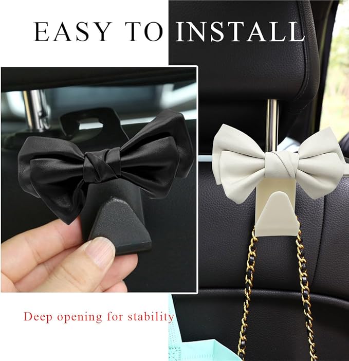 2 PCS Car Seat Headrest Hooks, Cute Bow Shaped Vehicle Backseat Storage Hooks, Leather Bow Shaped Sturdy Car Seat Back Hooks for Purses/Coats/Umbrellas, Car Accessories (White)