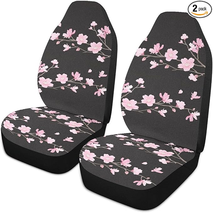 Cherry Blossom Car Seat Covers Set of 2,Japanese Pink Flowers Print Tree Branches with Falling Petals Universal Auto Front Seat Protector for Women Cute Car Accessories Fit for Car SUV Truck