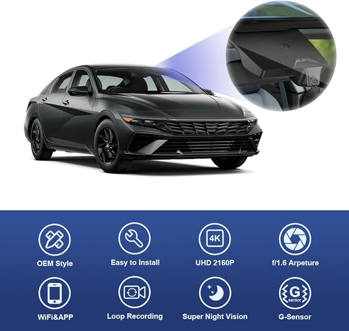 Fitcamx 4K Dash Cam Suitable for Hyundai Elantra 2021-2025 (Part No#AA000) SE SEL Limited N Line Blue Manual, OEM Look, UHD 2160P Video, WiFi & APP, Loop Recording G-Sensor, Plug&Play, 64GB Card