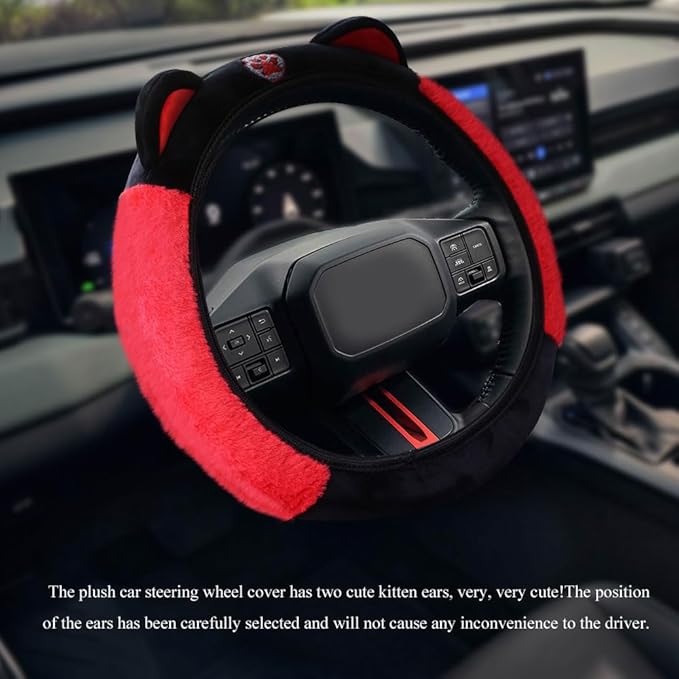 Car Steering Wheel Cover, 15 Inch Fluffy Soft Plush Auto Protector, Anti-Slip Elastic Lovely Car Cover Accessories with Kitty Cat Ears Universal for Most Vehicles (Fluffy-Black+Red)