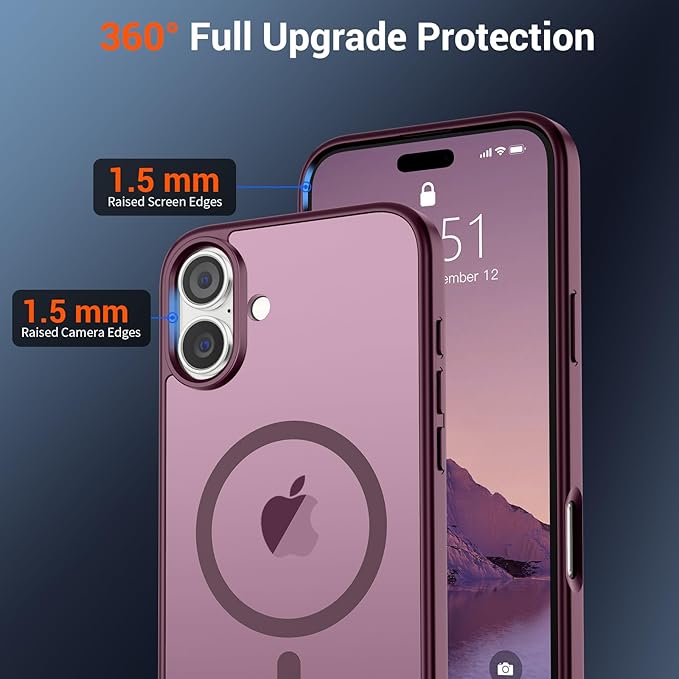 SUPFINE Magnetic for iPhone 16 Case (Compatible with MagSafe) (Military Grade Drop Protection) Slim Translucent Matte Shockproof with Anti-Fingerprint Phone Case,Wine Red