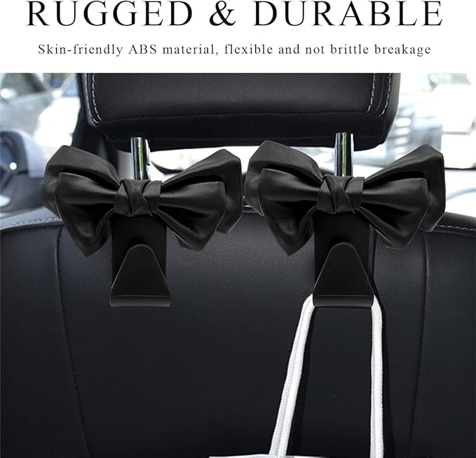 2PCS Purse Holder for Car Hooks, Cute Bow Car Seat Headrest Hooks Handbag Hanger, Bow Knot Auto Back Seat Organizer Storage Hook for Purse Bags Umbrellas, Car Accessories (Black)