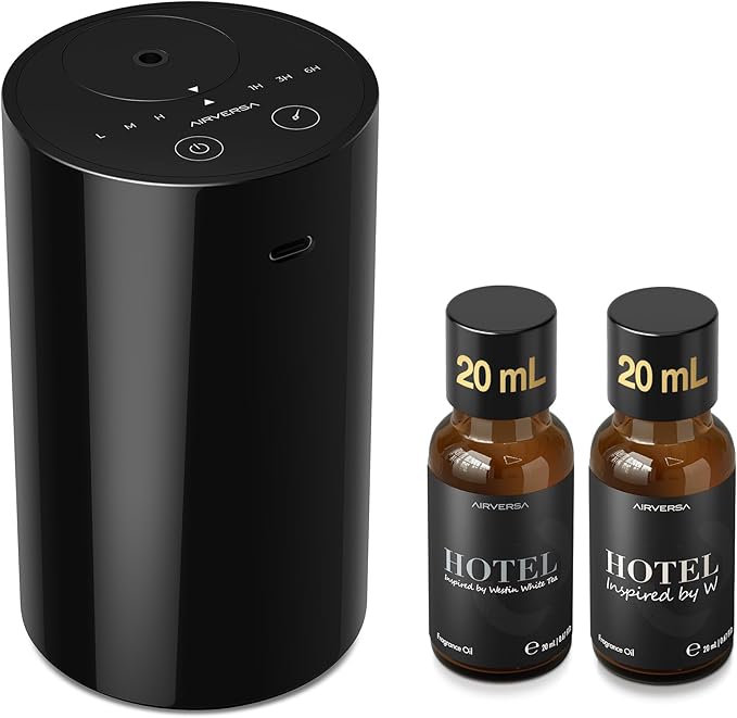 Airversa Waterless Essential Oil Diffuser Starter Kit with 2x20mL Hotel Scent Fragrance Oil for Home Car Room Office, Battery Operated Mini Scent Air Machine Portable Diffuser, AN8Kit-C Black