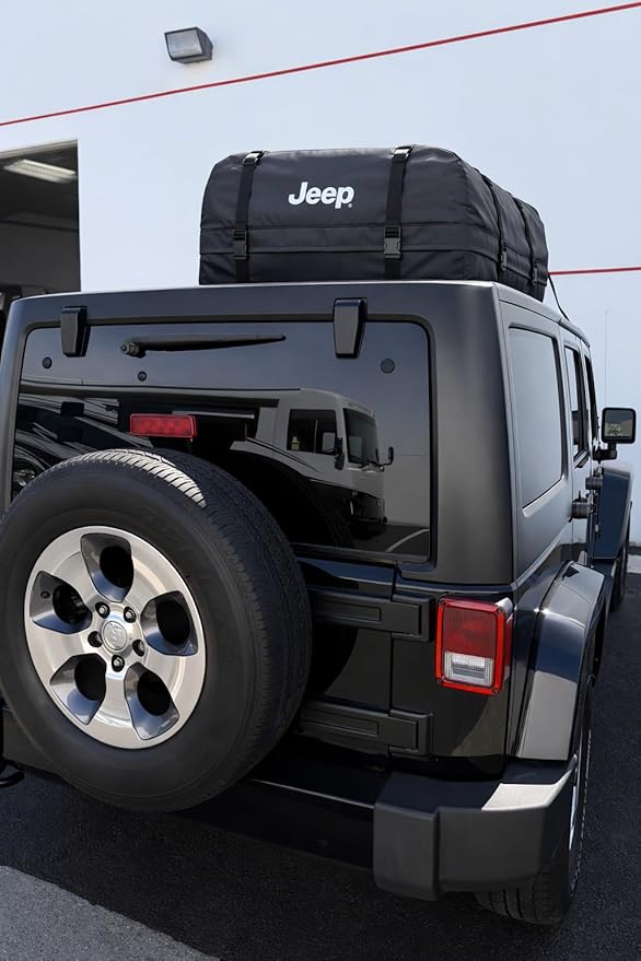 SR1 Performance USA Waterproof Rooftop Cargo Bag – Car Roof Carrier for Cars/SUVs with/Without Rack, Includes Non-Slip Mat, Heavy-Duty Straps, Lock for Secure Travel Storage (15 Cubic Feet, Jeep Logo)