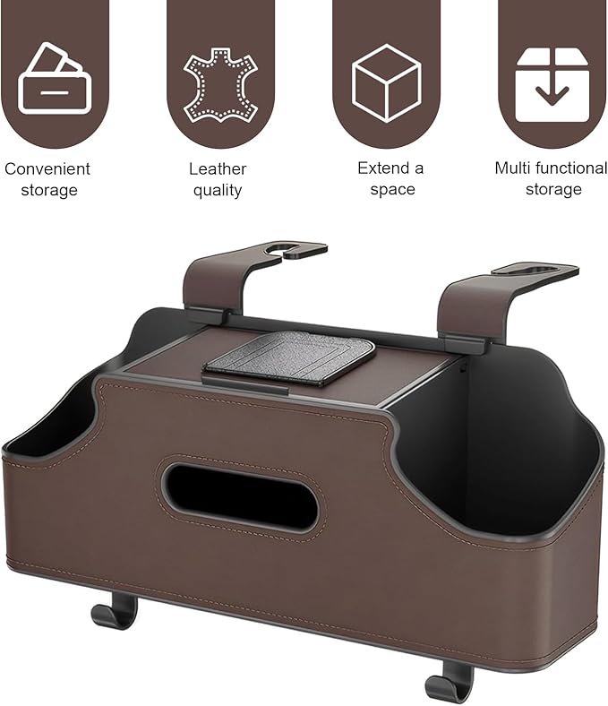 1 PC Backseat Organizer with Dual Cup Holder, Multi-function Tissue Hanging Box and 2 Hooks, Extra Rear Seat Road Trip Storage Accessories, Universal for Most Cars, Trucks, SUVs (Brown)