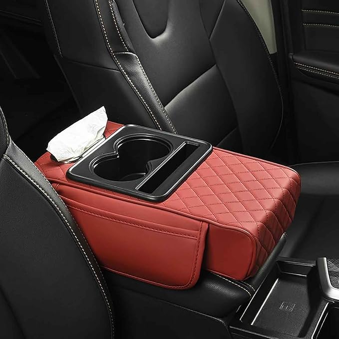 Car Armrest Pad for Toyota RAV4 XA50 RAV 4 2019-2024, PU Leather 5-in-1 Armrest Storage Box Center Console Cover Armrest Cushion Arm Rest Cushion Pads with Cup Holders and Tissue Box, G/Red