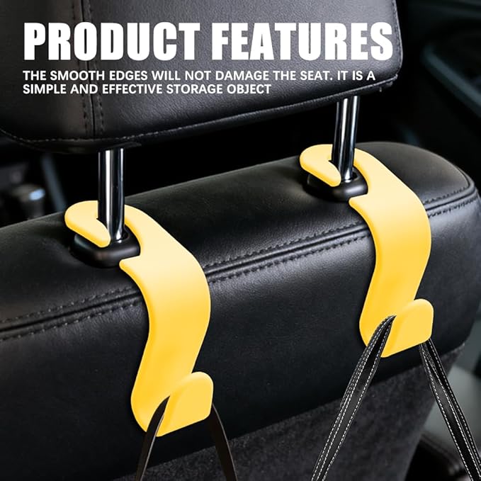 4PCS Car Seat Headrest Hooks, Purse Hook for Car, Auto Back Seat Organizer Storage Hanger Holder, Auto Accessories Multi-Use Portable Headrest Organizer Holder for Purse Handbag Coats (Yellow)