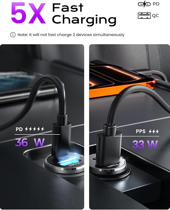 LISEN Car Charger USB C, 69W Cigarette Lighter USB Charger Adapter, Car Accessories Gifts for Men, Mini USBC Cars Fast Charging Adapter USBC Type C 12V Plug Outlet, for iPhone 17 Pro Max 16 15 14 13