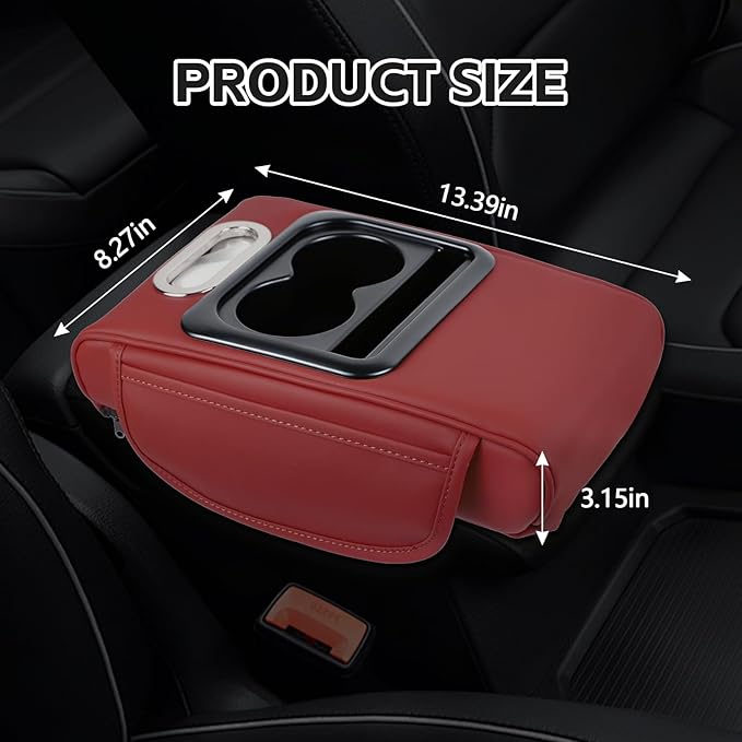 wuyaoyao Car Center Console Cover, 13.39"×8.27"×3.15" Leather Car Armrest Cover with Pocket & Tissue Box & Cup Holder, Multifunctional Auto Armrest Cushion Pad, Universal Car Accessories (Wine Red)