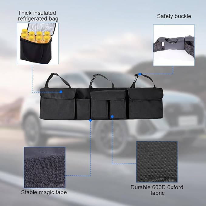 Car Trunk Organizer, Foldable Vehicle Backseat Hanging Organizer with 5 Large Compartments, Space Saving Waterproof Automotive Interior Seat Back Storage Bag, Universal Fit