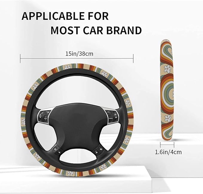 Car Steering Wheel Cover for Women Men, Non-Slip Rainbow Retro Steering Wheel Protector, Universal 14"-15" Fit for Cars, SUVs, Trucks (Rainbow Retro)