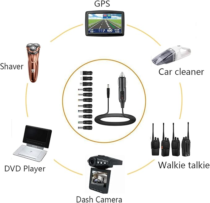 12V Car Charger(Max 10A) + 5V DC Power Cable,with 11 Connectors for DVD Player,Camera,GPS,Bluetooth Speakers,Shaver Fans
