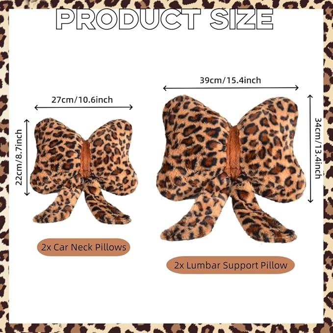 LYFJMUS 4 Pack Plush Leopard Print Car Headrest Pillow and Lumbar Support Pillow Soft Bow Car Neck Pillows for Driving Cars Home Decor (Brown Leopard)