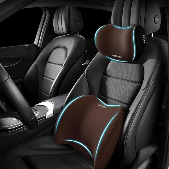 Car Headrest & Lumbar Support Cushion Kit, Ergonomic Car Seat Neck Pillow and Backseat Cushion for Driving Fatigue Relief, Driving Seat Memory Foam Neck Back Rest Pillows (Coffee)