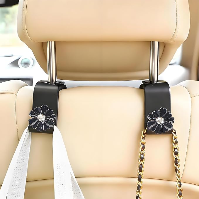 4PCS Bling Car Seat Headrest Hooks, Crystal Rhinestone Flower Vehicle Back Seat Hanger Holder Hook, Automotive Interior Hanging Storage Accessories for Purse Coats Bag, Universal Fit (Black)