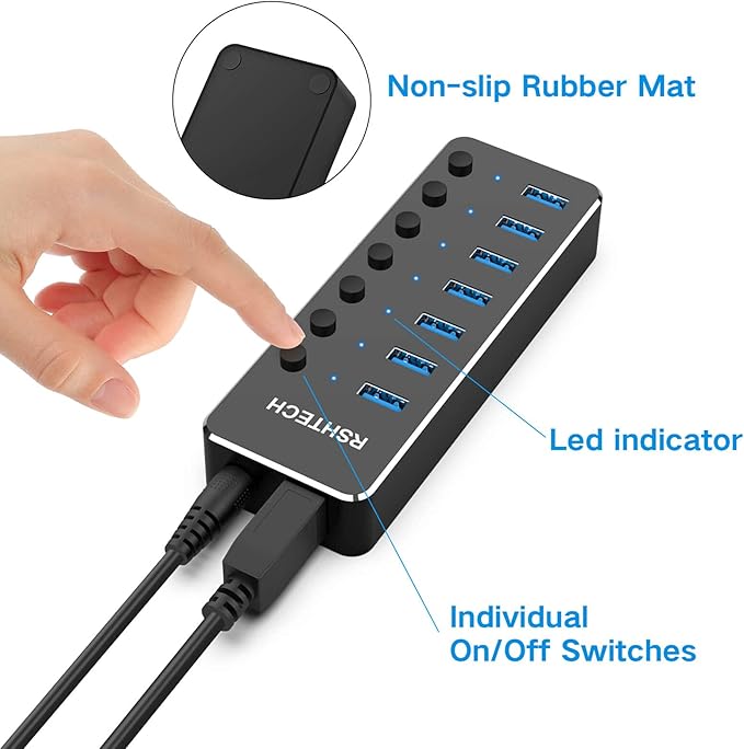 Powered USB Hub RSHTECH Type C to 7 Port USB 3.0 Data Port Hub Expander Aluminum Portable Splitter with Universal 5V AC Adapter and Individual On/Off Switches for Laptop and PC(Black)