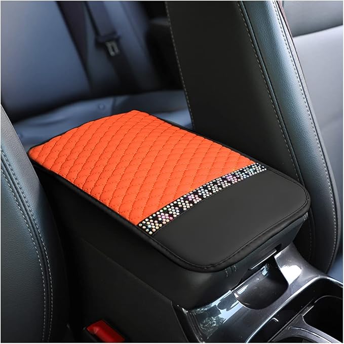 Bling Leather Car Center Console Cover, Car Center Console Protector With Glossy Crystal Rhinestone, Universal Waterproof Car Armrest Seat Box Cover For Most Car, Vehicles, SUVs, Trucks (Orange)