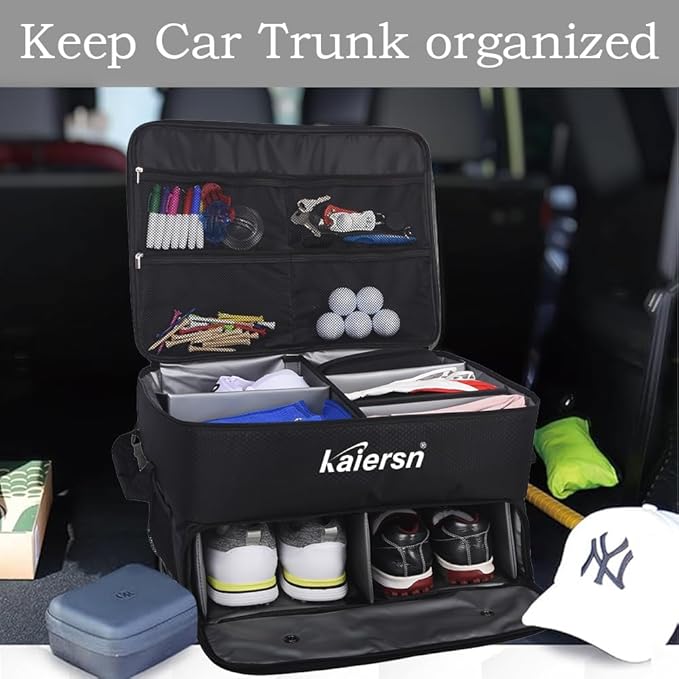 2 Layer Golf Trunk Organizer, Waterproof Car Golf Locker with Separate Ventilated Compartment for 2 Pair Shoes, Golf Trunk Storage for Balls, Tees, Clothes, Gloves, Accessories, Golf Gifts
