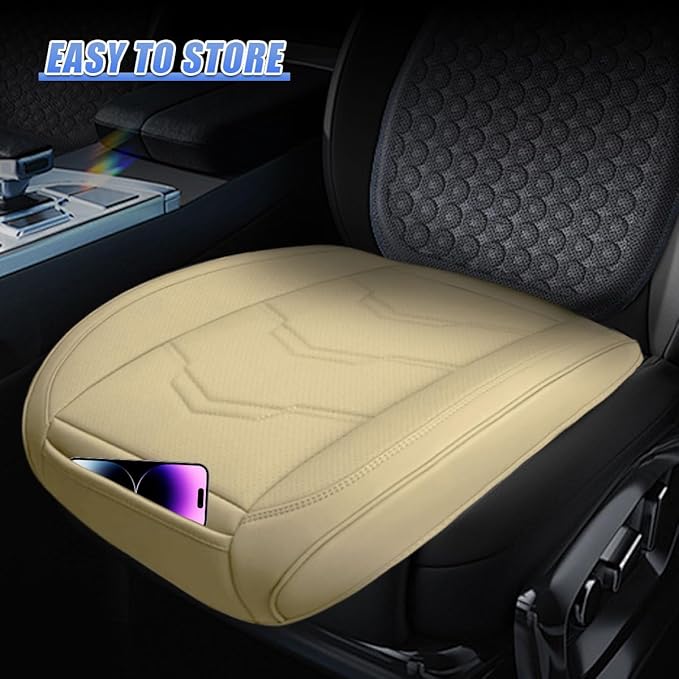 Luxury Faux Leather Car Seat Cover - Anti-Slip Waterproof Drive Seat Cushion Car Front Bottom Seat Cover with Storage Pocket - Universal Full Wrap Seats Protector for Cars SUV Trucks(Beige)