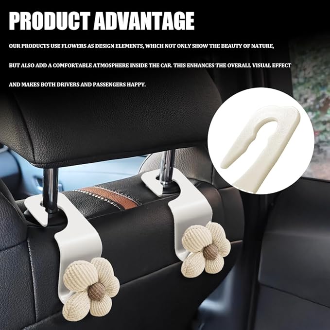 4PCS Car Headrest Hooks, Purse Hook for Car, Cute Flower Auto Backseat Organizer Hanger for Purse Grocery Bag Coat, Auto Seat Back Organizer Storage Hanger Holder Fit Vehicles (White/Beige)