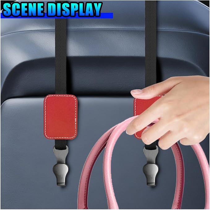 2PCS Car Seat Headrest Hooks, Stylish Suede Automotive Backseat Storage Hanger, Universal Vehicle Interior Seat Organizer Accessories for Purse, Handbag, Umbrella, Grocery (Red)