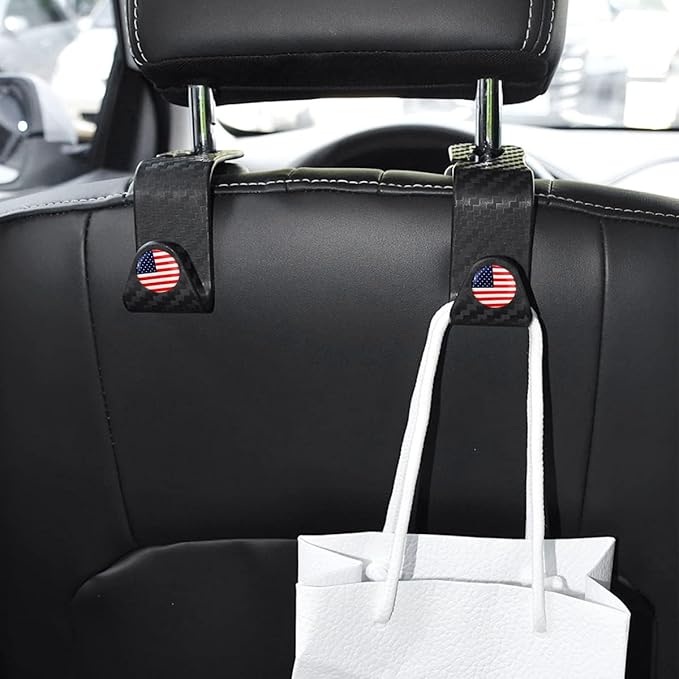 4PCS Car Seat Headrest Hooks, Auto Back Seat Hanger Holder, Durable Stylish Vehicle Organizer Universal Car Interior Accessories, Storage Hooks for Purses, Bags, Clothes, Coats (Carbon Fiber/Red Flag)