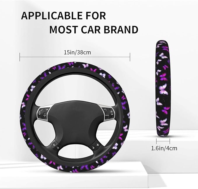 Butterfly Purple Steering Wheel Cover Butterflys Steering Wheel Cover Accessories Universal 2 Pieces Car Coasters Anti Slip Car for Men Women