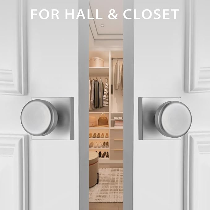 Brushed Nickel Door Knobs Interior, Pismo Doorknobs with Square Rosette for Closet