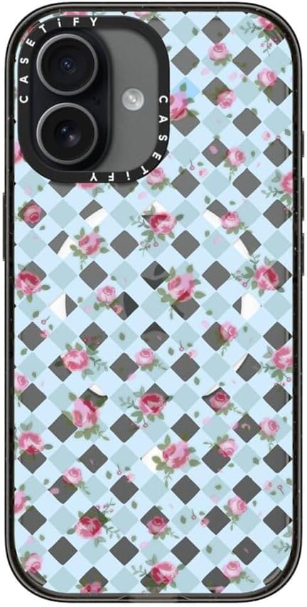 CASETiFY Impact iPhone 17 Case [Slim/Compatible with Magsafe / 8.2 ft. 4X Military Grade Drop Protection] - Floral Gingham - Blue - Clear Black
