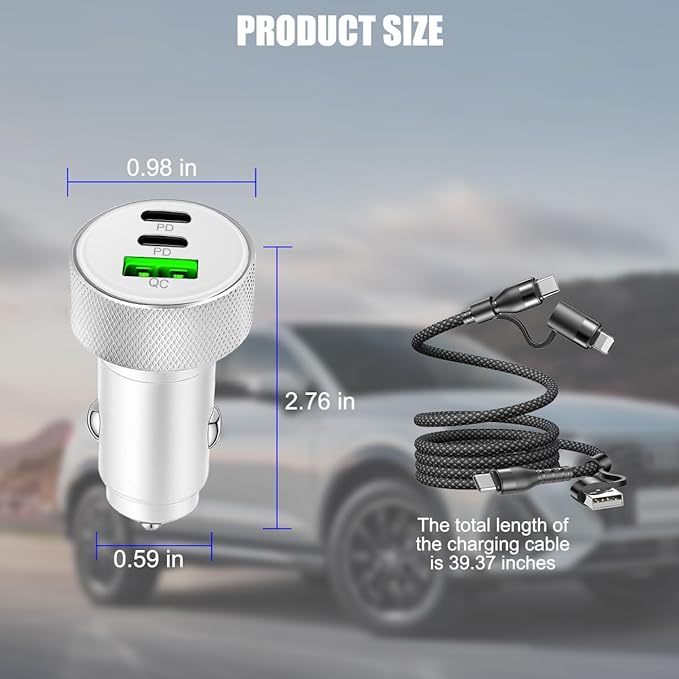 USB C Car Charger, 3-Port 82.5W Dual PD Fast Charging QC Vehicle Power Adapter Cigarette Lighter with Fast Charger Cable, Automotive Charging Accessories, Universal for SUV RV Truck (Silver)