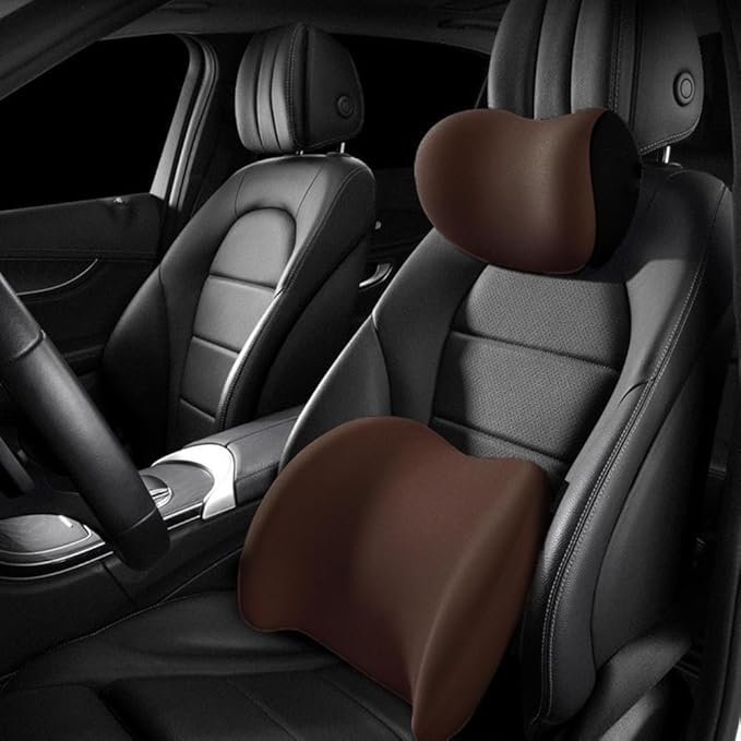 Car Headrest & Lumbar Support Cushion, Ergonomic Car Seat Headrest & Lumbar Cushion, Car Lumbar Support Pillow and Car Neck Pillow Kit for Office Chair, Truck, Wheelchair (Coffee)