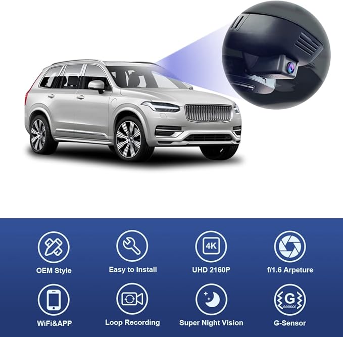 Fitcamx 4K Dash Cam Suitable for for Volvo XC90 2023-2026 Plug-in Hybrid B5 B6 T8 (Model B), OEM Factory Look, UHD 2160P Video, Built-in WiFi & APP, Loop Recording, G-Sensor, Plug & Play, 64GB Card
