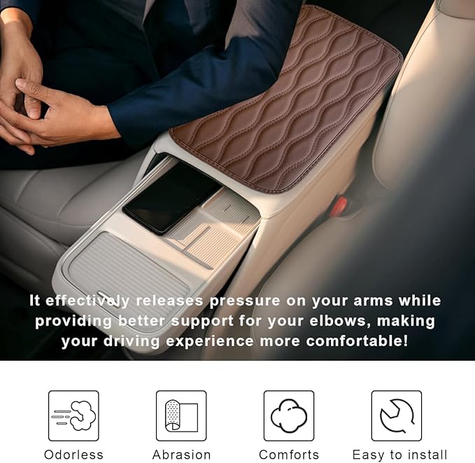 Car Center Console Cushion Pad, 12.48×7.40 Inches Waterproof Car Armrest Seat Box Cover, Comfortable PU Leather Vehicle Armrest Cover Protector, Car Decor Interior Accessories (Coffee)