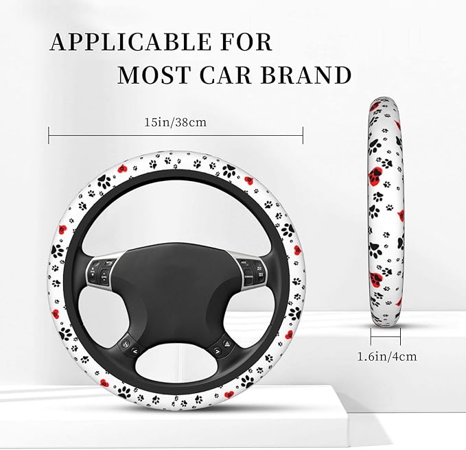 Dog Paws Print Steering Wheel Cover Women Men Elastic Stretch Soft Car Wheel Protector Universal Breathable No-Slip Car Accessories for Truck Van SUV Auto Fit 14-15 Inches