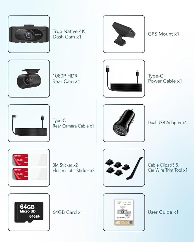 PERNIS 4K Dash Cam Front and Rear, STARVIS Sensor, Free Card Included, 2.4GHz WiFi Dual Dash Camera for Cars, Built-in GPS, Night Vision, G-Sensor, Emergency Lock, 3.16'' IPS, Parking Mode