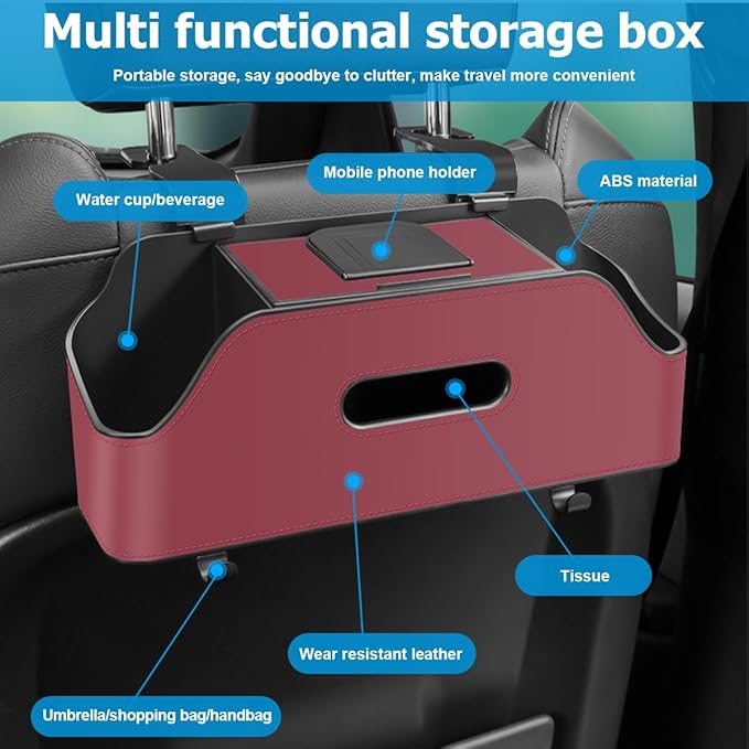 Zipelo Car Headrest Backseat Organizer with Cup Holder, Multi-Functional Vehicle Seat Back Hanging Storage Box with Hooks, Auto Drink Snack Phone Tray Travel Accessories for Kids Adults (Wine Red)