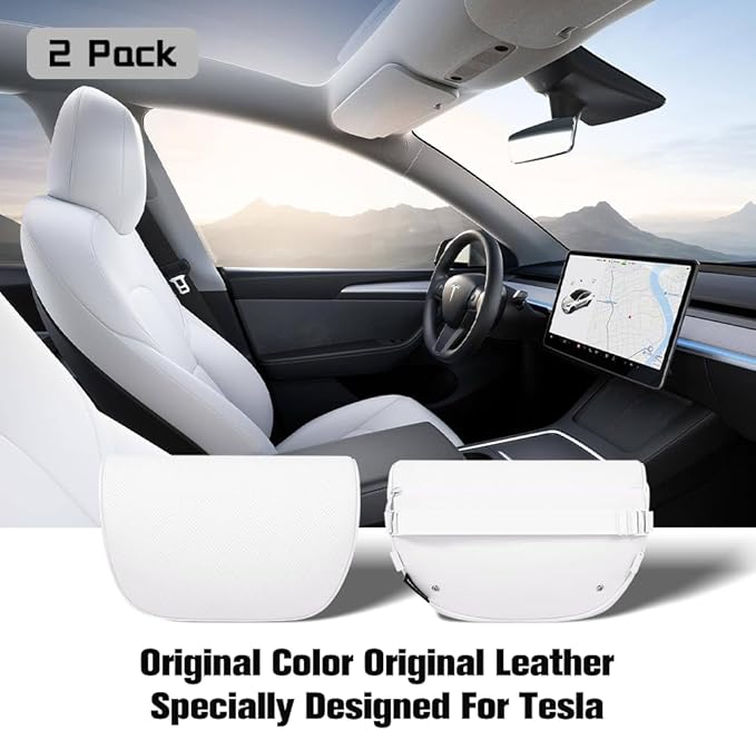 HOPON 2 Pack 2025 Upgrade Headrest Pillow for Tesla Model 3 Model Y with Adjustable Strap,Fits All Vehicles,Car Neck Pillow with Leather,for Head,Neck,Shoulders,Multipurpose,Car Accessories(White)