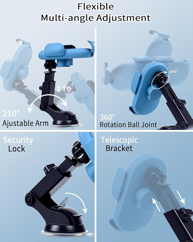 Wireless Car Charger Mount with Air Vent Clip & Suction Base, 15W Fast Auto-Clamping Charging Phone Holder for iPhone 17/16/15/14, Samsung S24/S23, etc.(Blue)