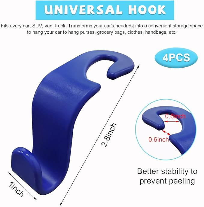 Ziciner Car Seat Headrest Hooks, 4 Pack Auto Durable Backseat Hangers Storage Organizer, Universal Vehicle Interior Holder Accessories for Purse, Grocery Bags, Handbag, Cloths ect (Blue)