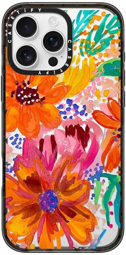 CASETiFY Impact Case for iPhone 16 Pro Max [Slim / 8.2 ft. 4X Military Grade Drop Protection/Compatible with Magsafe] - EttaVee Watercolor Fleurs - Clear Black