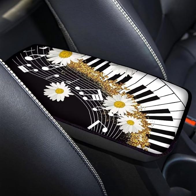Coldinair Music Notes Car Armrest Cover,Piano Keys Auto Center Console Pad,Soft Seat Box Cover Protector Cushion,Daisy Car Accessories Decor for Most Cars,Sedan,Truck,SUV
