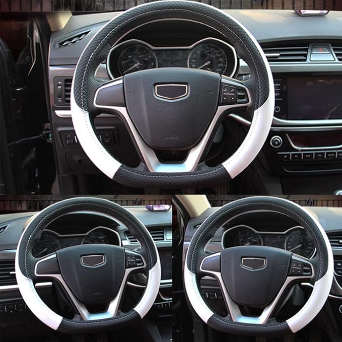Pahajim Steering Wheel Cover Flat Bottom, D Shaped Car Steering Wheel Wrap PU Leather Anti Skid 14.5-15 Inch (37-38cm) Cubre Volantes Carros for Women Men (White)