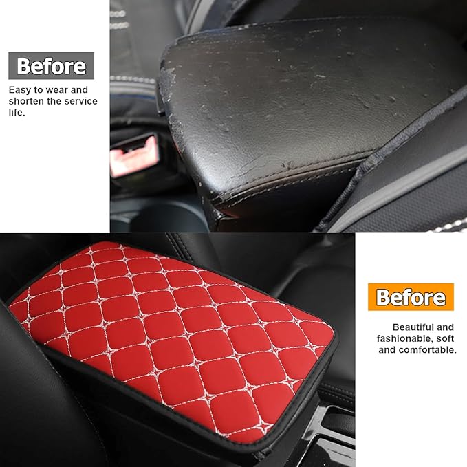 HZEL Car Center Console Cushion Pad, PU Leather Vehicle Armrest Protection Cover, Waterproof Automotive Interior Arm Rest Seat Box Mat Accessories, Universal for SUV, Sedan, Truck (Red)